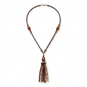 Boho Avon Y-Drop Necklace Amber & Gold Tone Beaded Tassel Earth Tone Jewelry